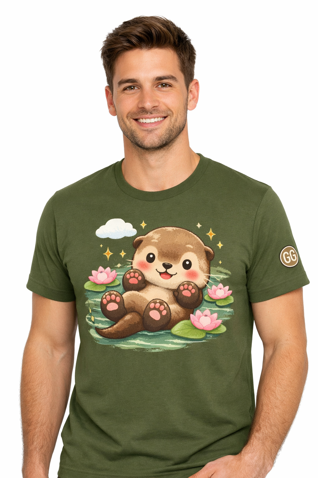 model:5:m | Otter in the River T-Shirt – Modelfoto in Militärgrün – Mann
