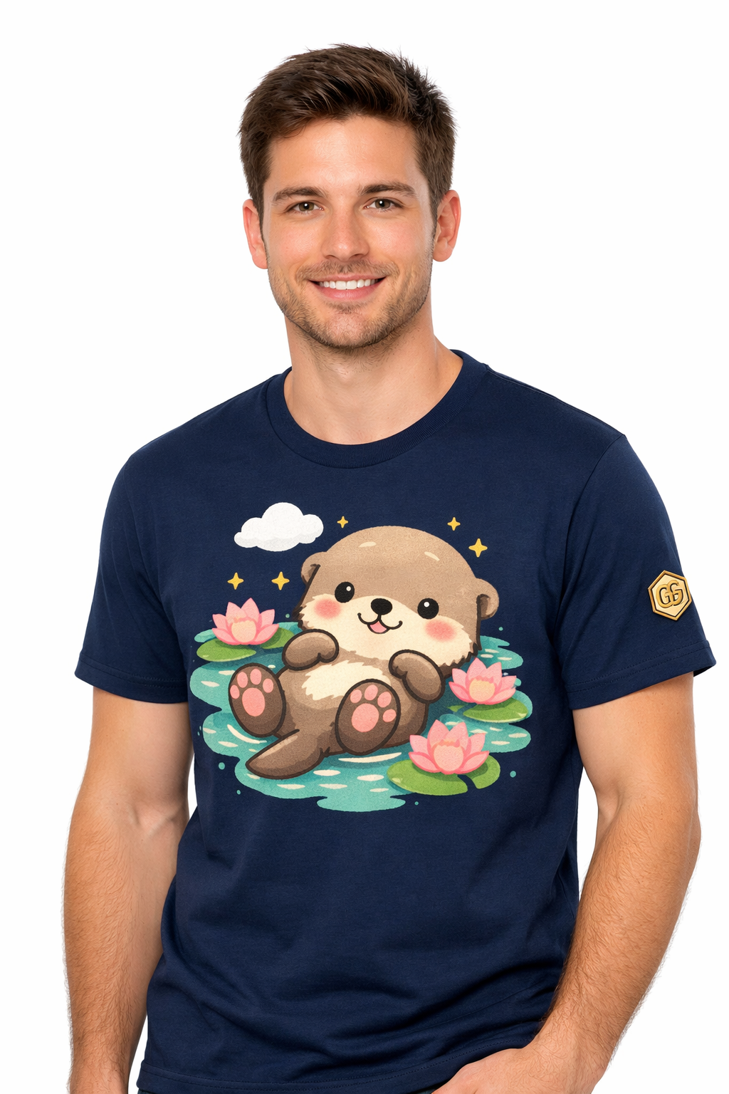 model:9:m | Otter in the River T-Shirt – Modelfoto in Navy – Mann