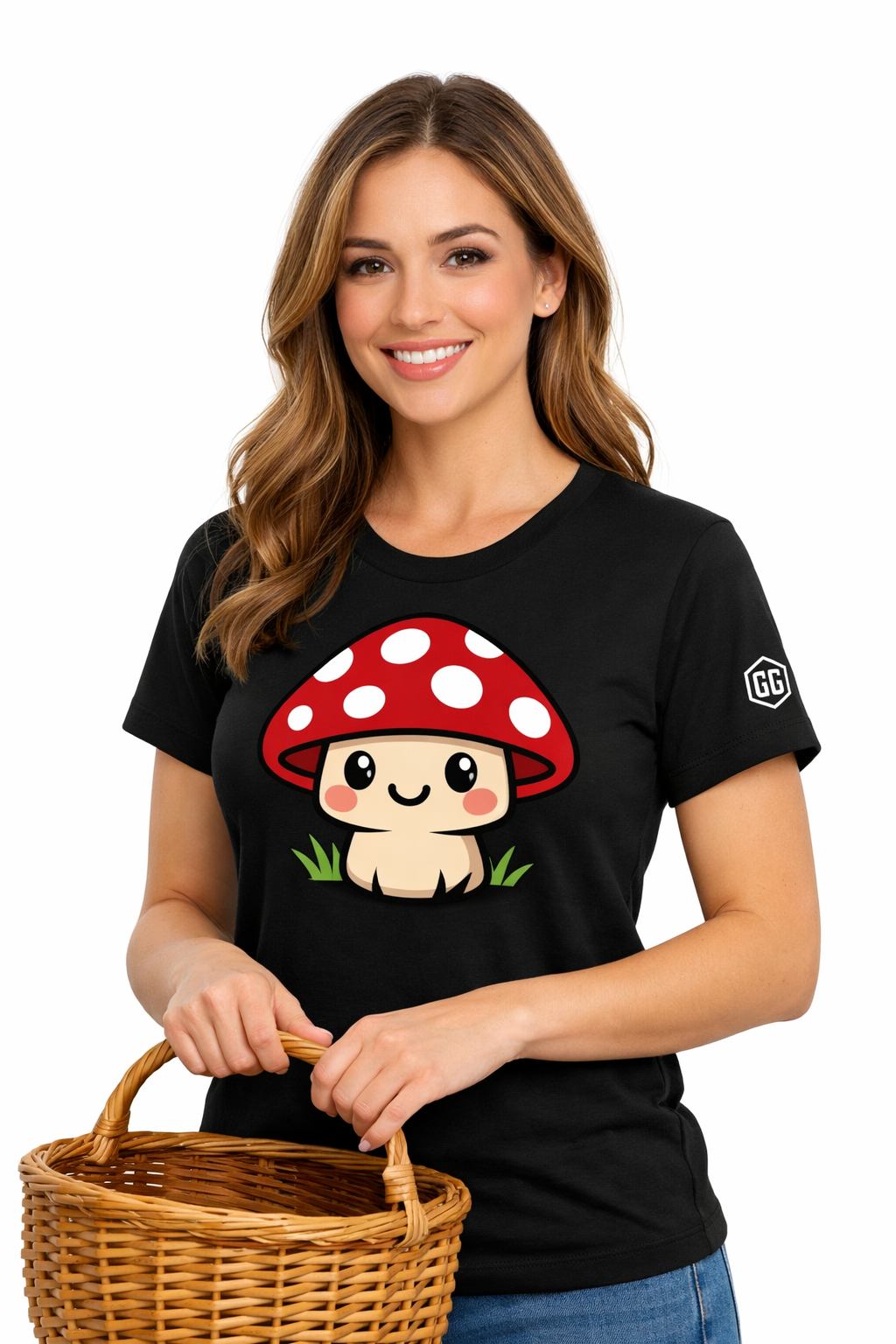 model:1:f | Mushroom Forager T-Shirt – Modelfoto in Schwarz – Frau
