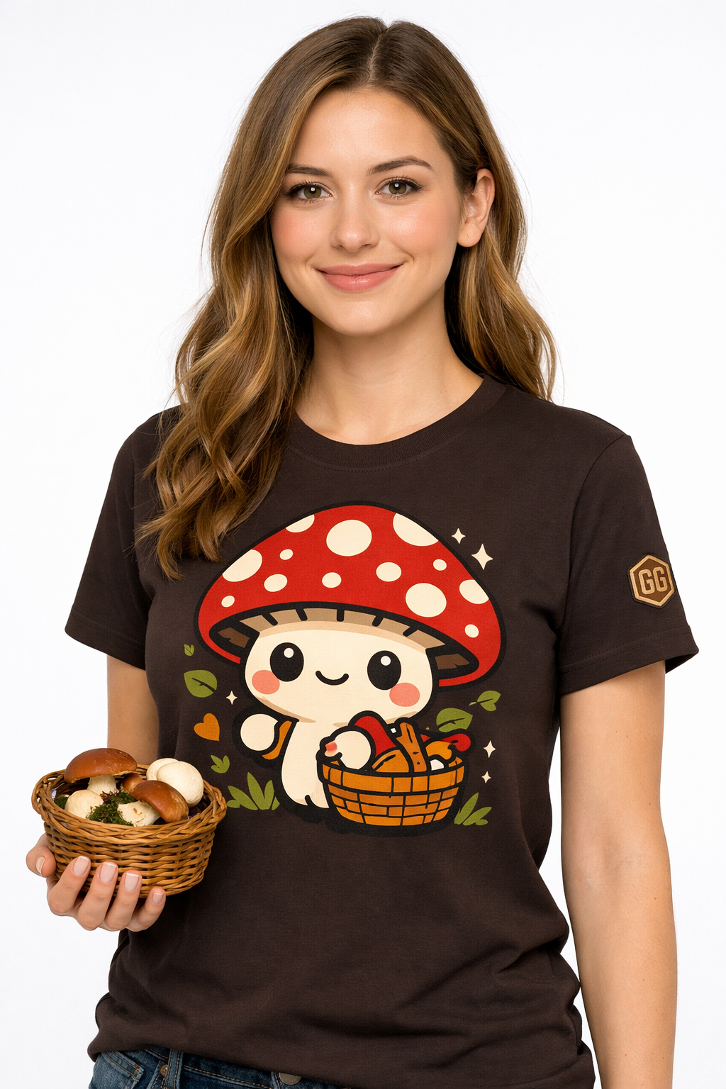 model:3:f | Mushroom Forager T-Shirt – Modelfoto in Dunkelbraun – Frau