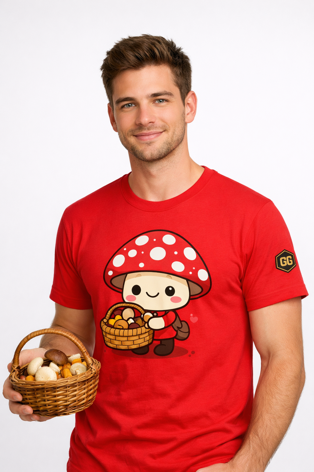 model:10:m | Mushroom Forager T-Shirt – Modelfoto in Rot – Mann