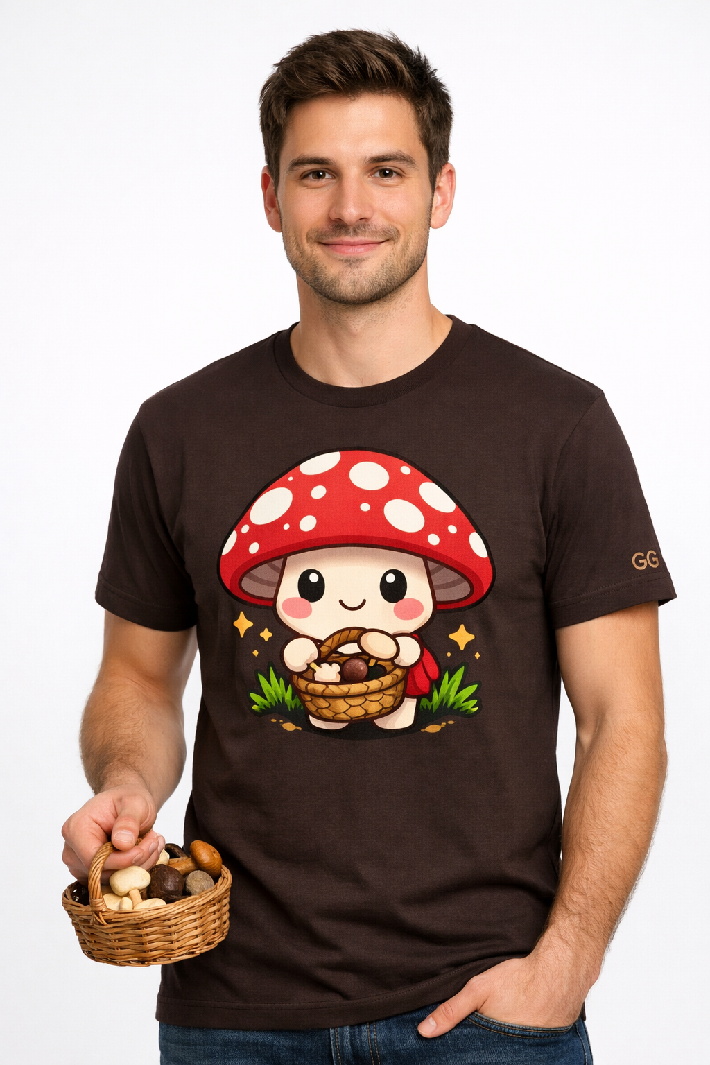 model:3:m | Mushroom Forager T-Shirt – Modelfoto in Dunkelbraun – Mann