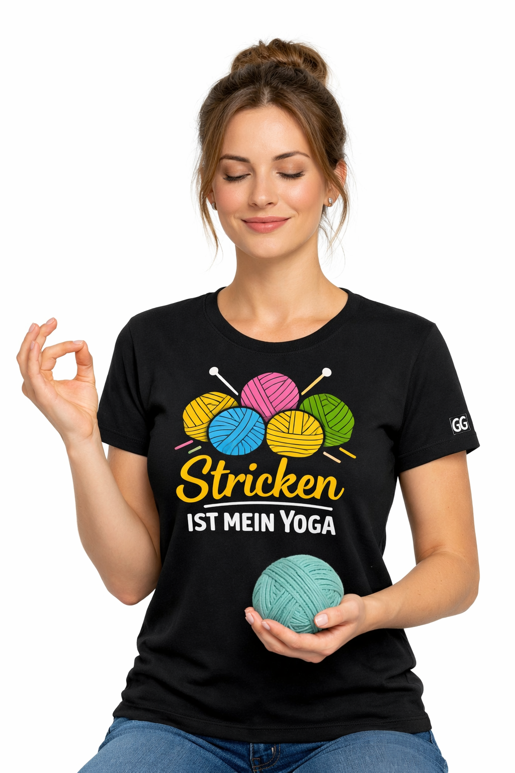 model:1:f | Stricken ist mein Yoga T-Shirt – Modelfoto in Schwarz – Frau