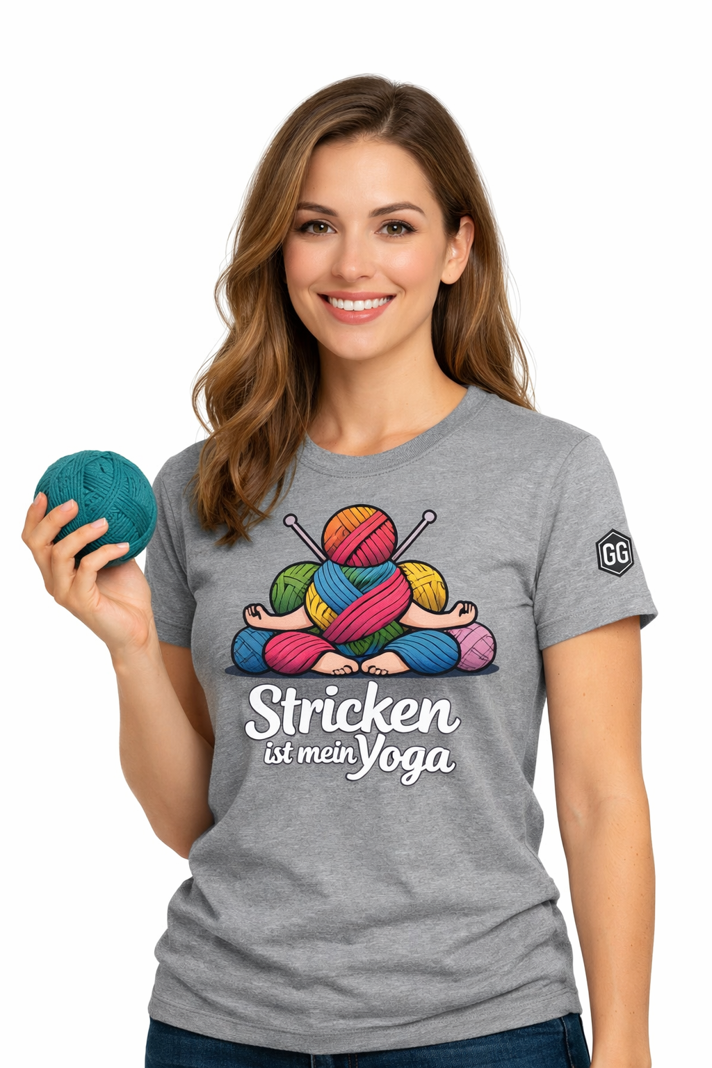 model:2:f | Stricken ist mein Yoga T-Shirt – Modelfoto in Sportgrau – Frau