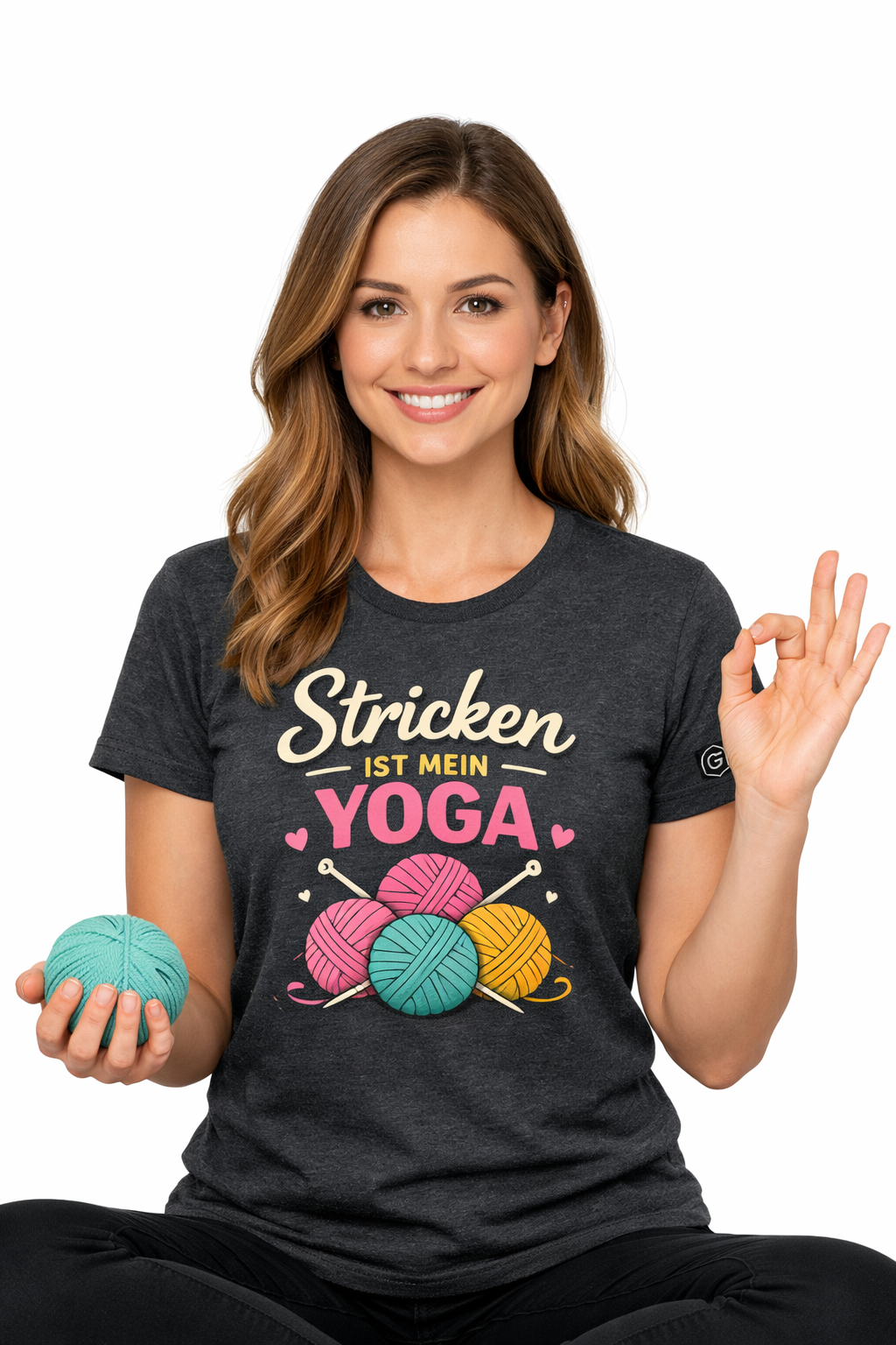 model:6:f | Stricken ist mein Yoga T-Shirt – Modelfoto in Dunkelmeliert – Frau