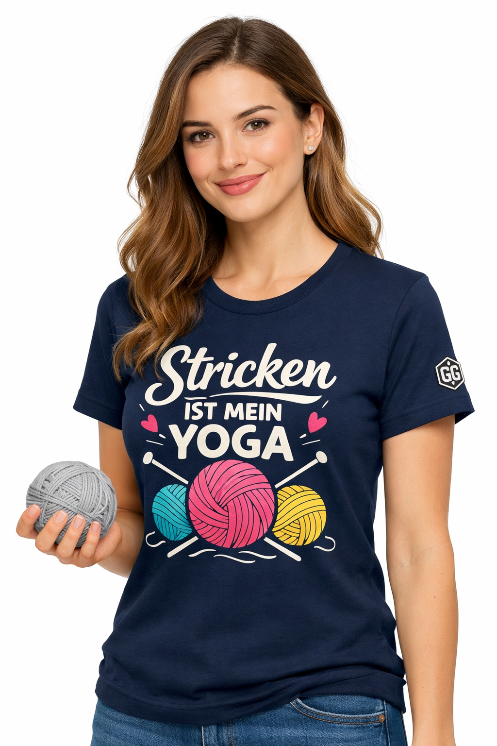 model:9:f | Stricken ist mein Yoga T-Shirt – Modelfoto in Navy – Frau
