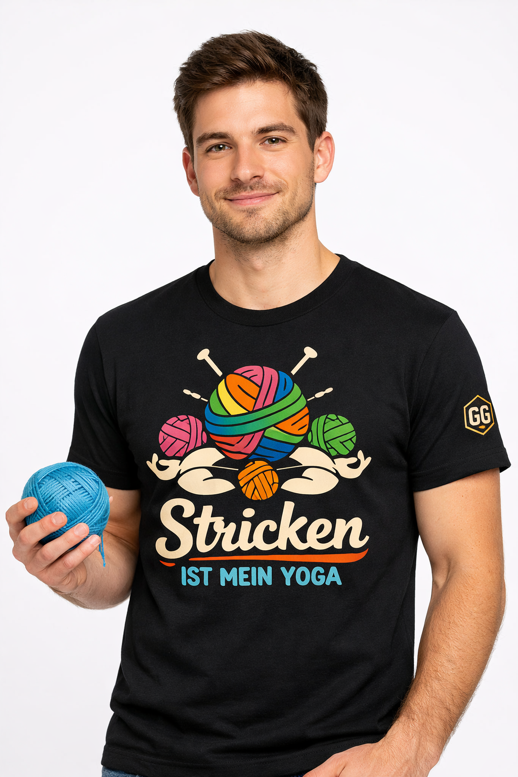 model:1:m | Stricken ist mein Yoga T-Shirt – Modelfoto in Schwarz – Mann