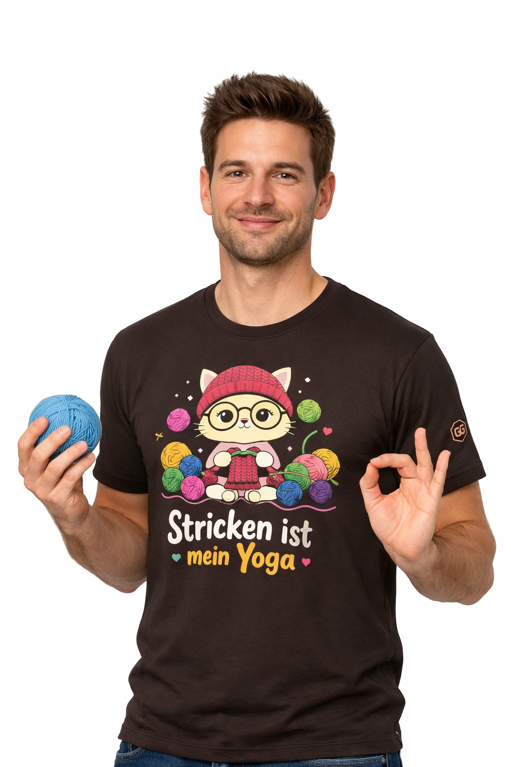 model:3:m | Stricken ist mein Yoga T-Shirt – Modelfoto in Dunkelbraun – Mann